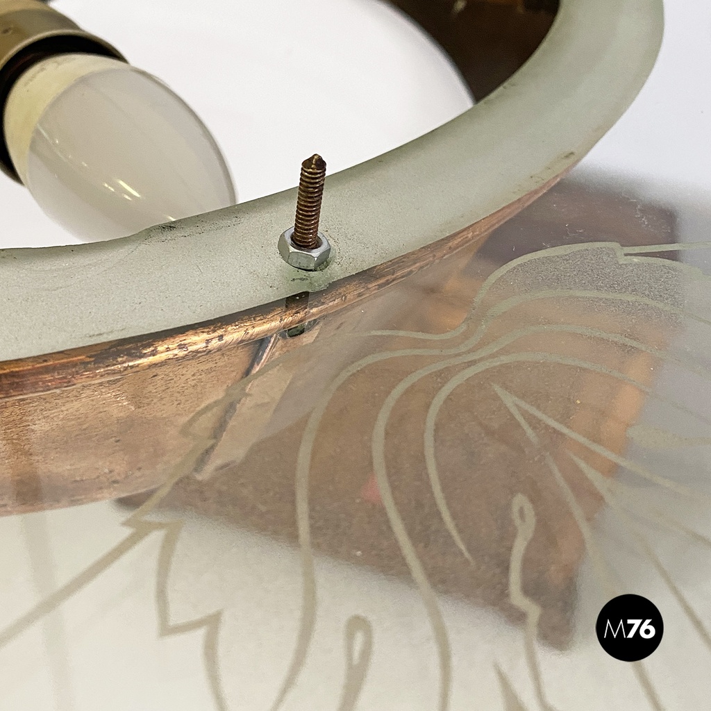 Lampadario con decorazione in vetro e rame, 1940 ca.