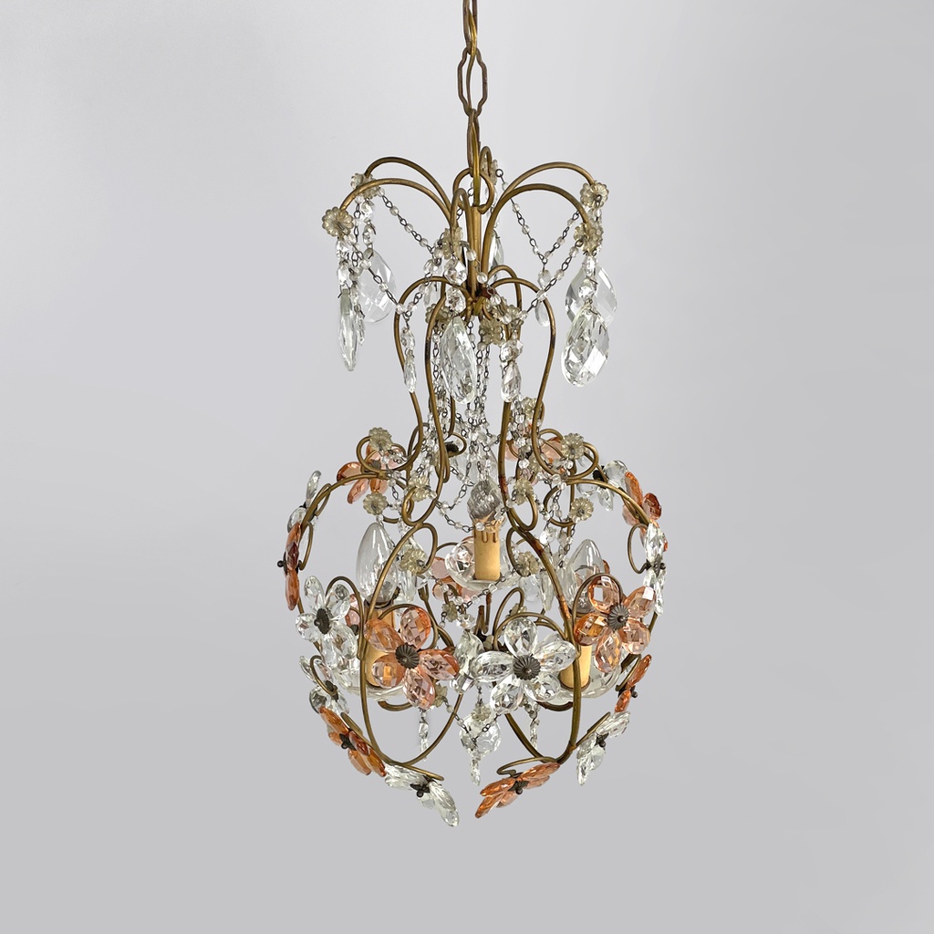 Lampadario in vetro rosa e trasparente, primi del 1900 ca.