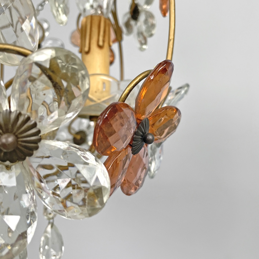 Lampadario in vetro rosa e trasparente, primi del 1900 ca.