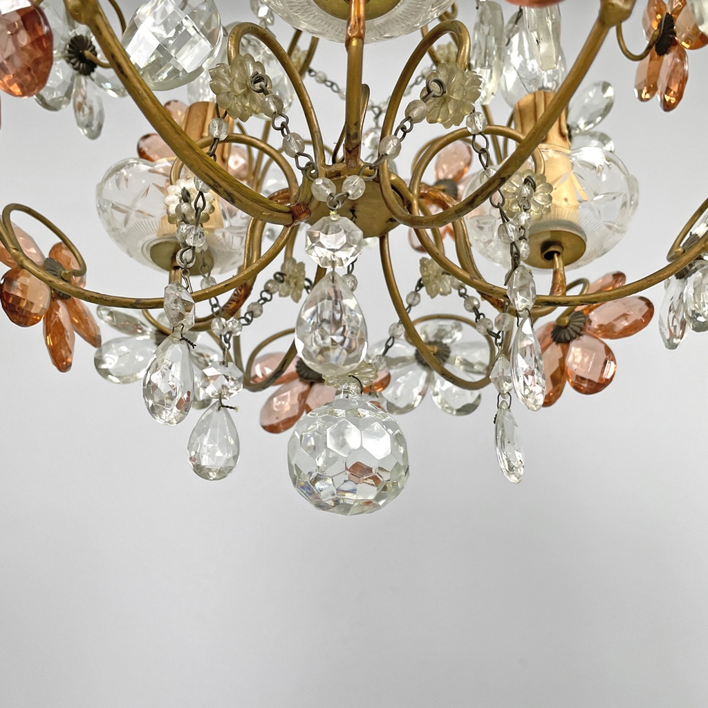 Lampadario in vetro rosa e trasparente, primi del 1900 ca.