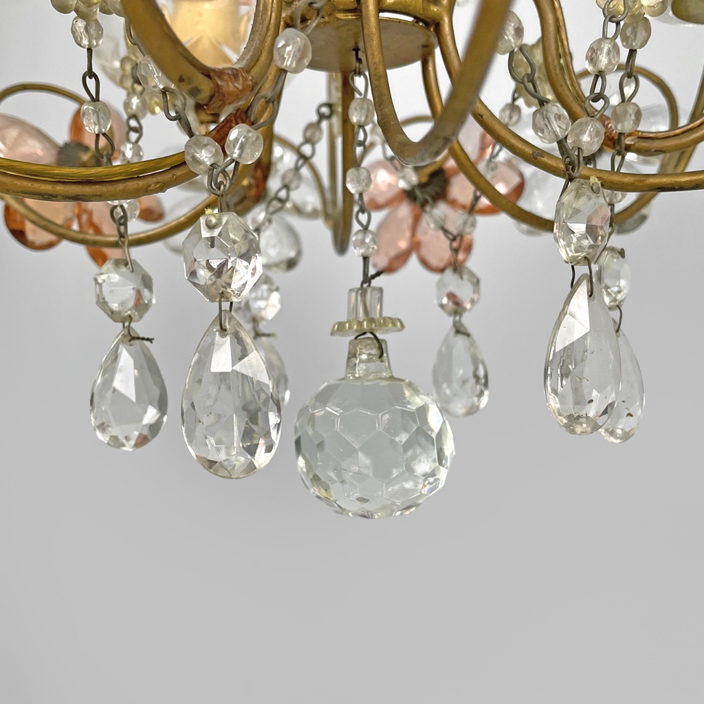 Lampadario in vetro rosa e trasparente, primi del 1900 ca.