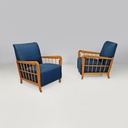 Poltrone in legno e tessuto blu, 1940s