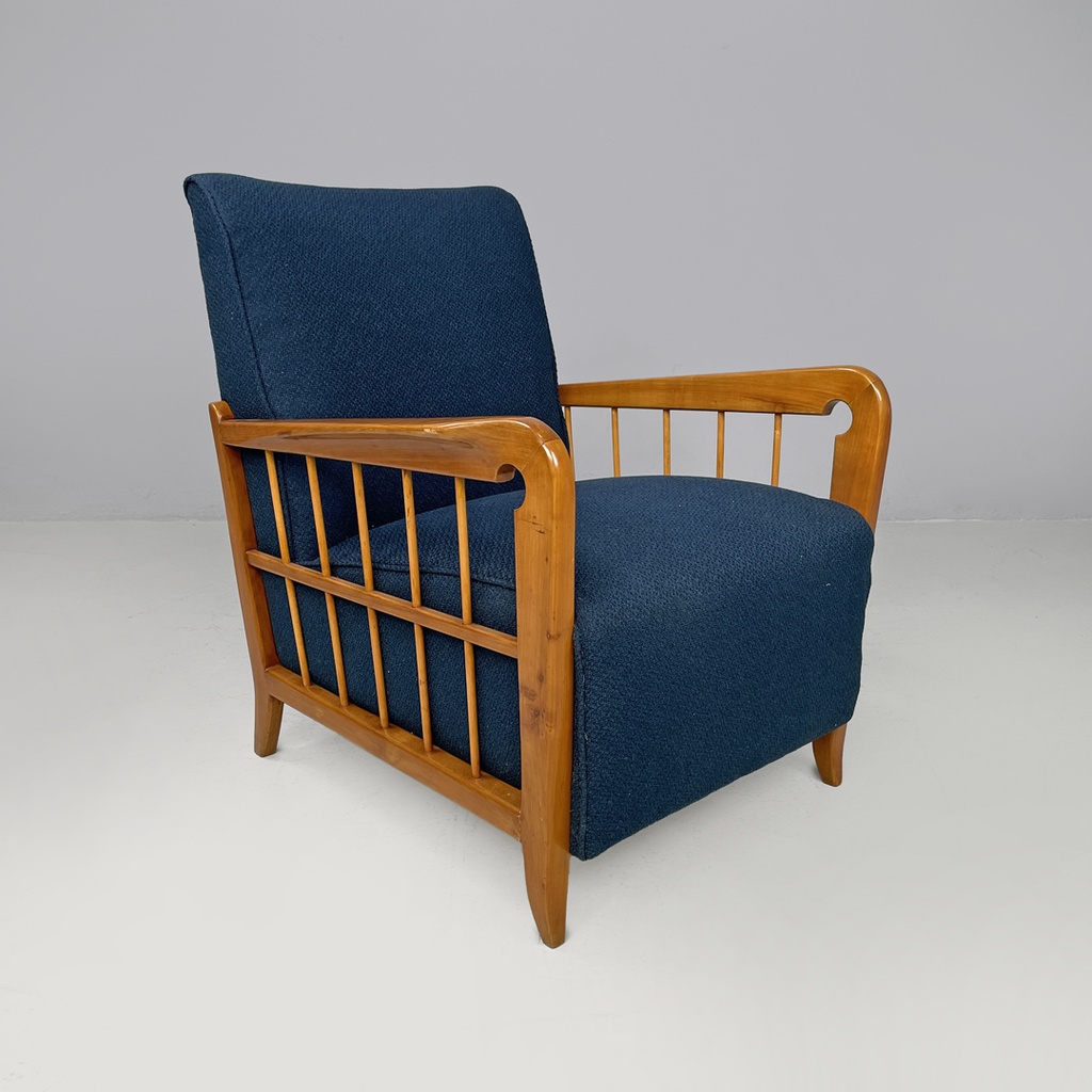 Poltrone in legno e tessuto blu, 1940s