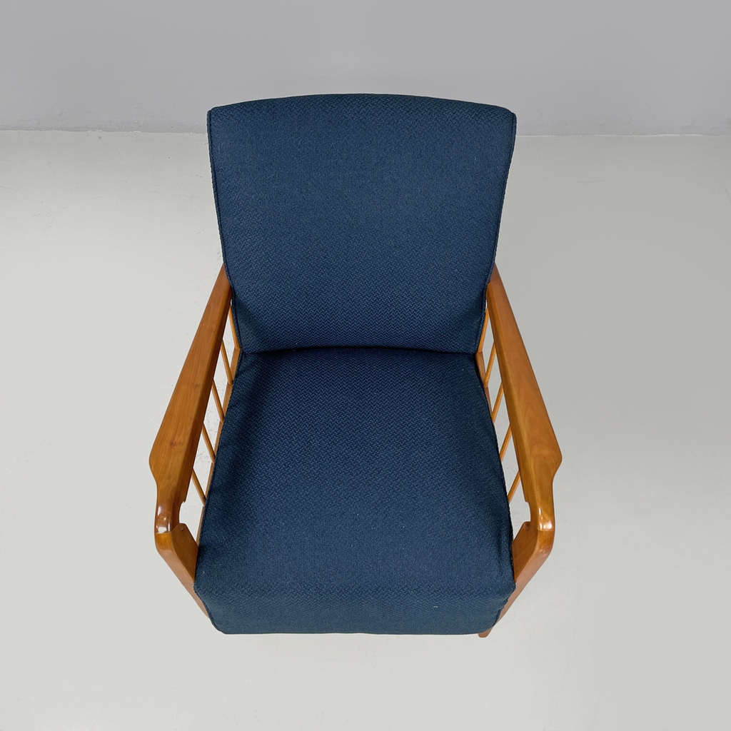 Poltrone in legno e tessuto blu, 1940s