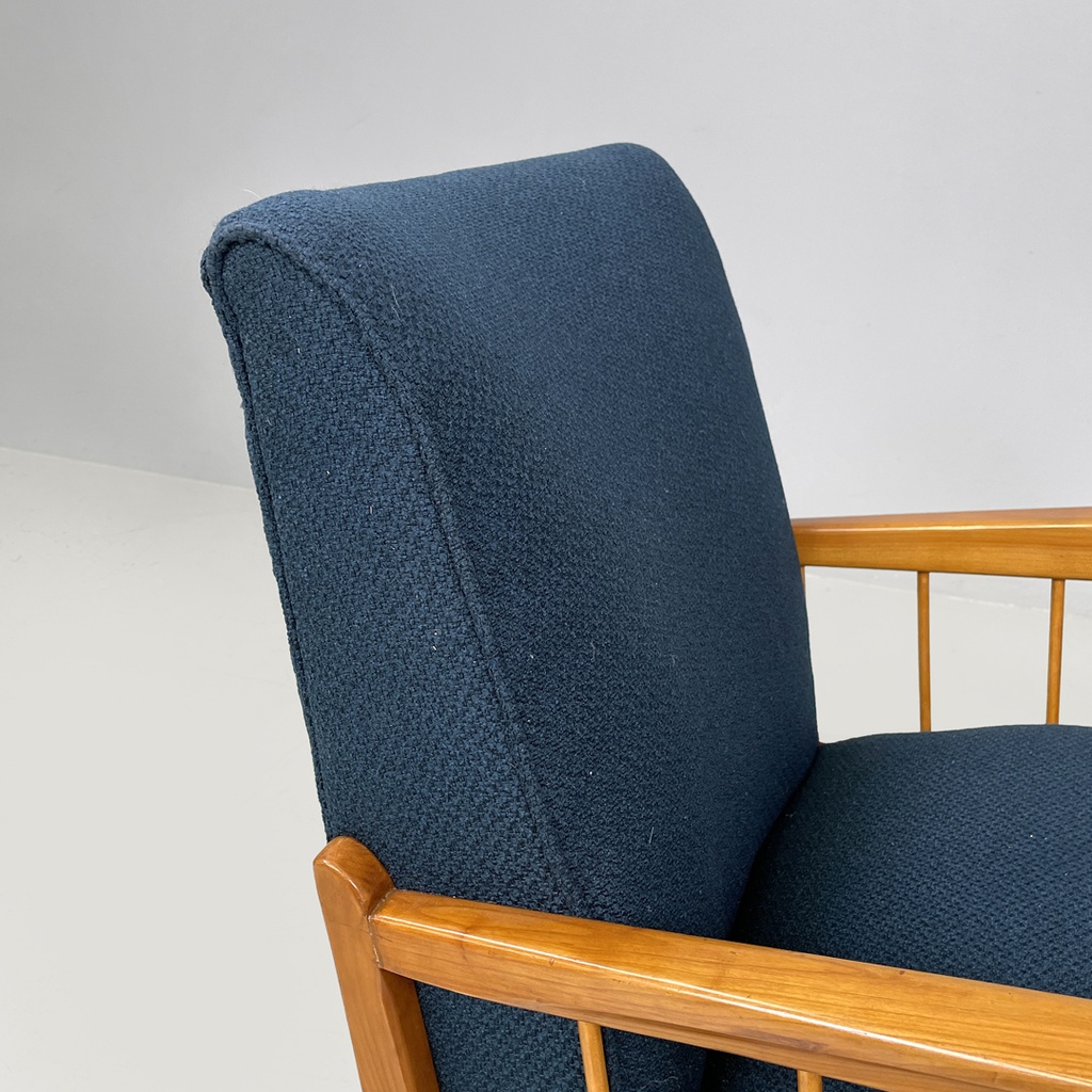 Poltrone in legno e tessuto blu, 1940s