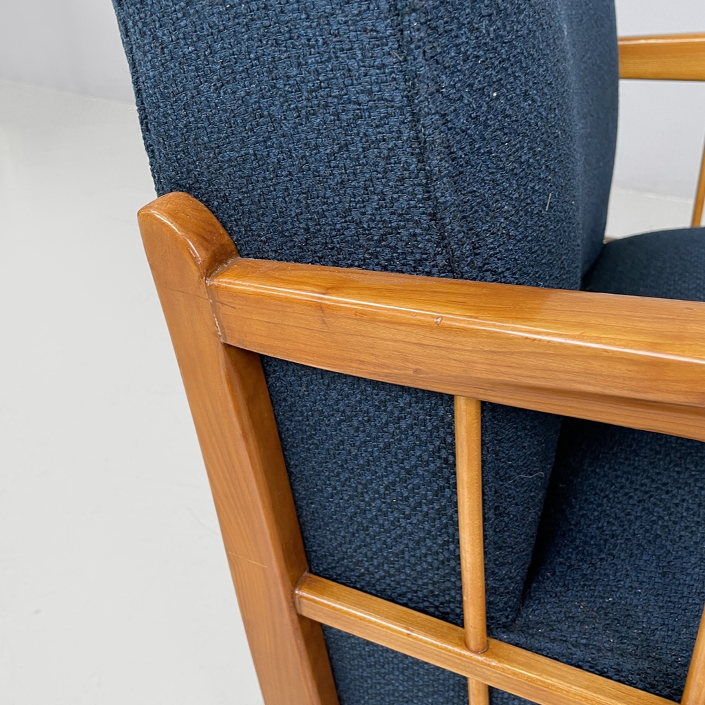 Poltrone in legno e tessuto blu, 1940s