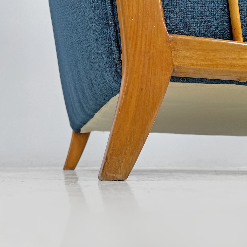 Poltrone in legno e tessuto blu, 1940s