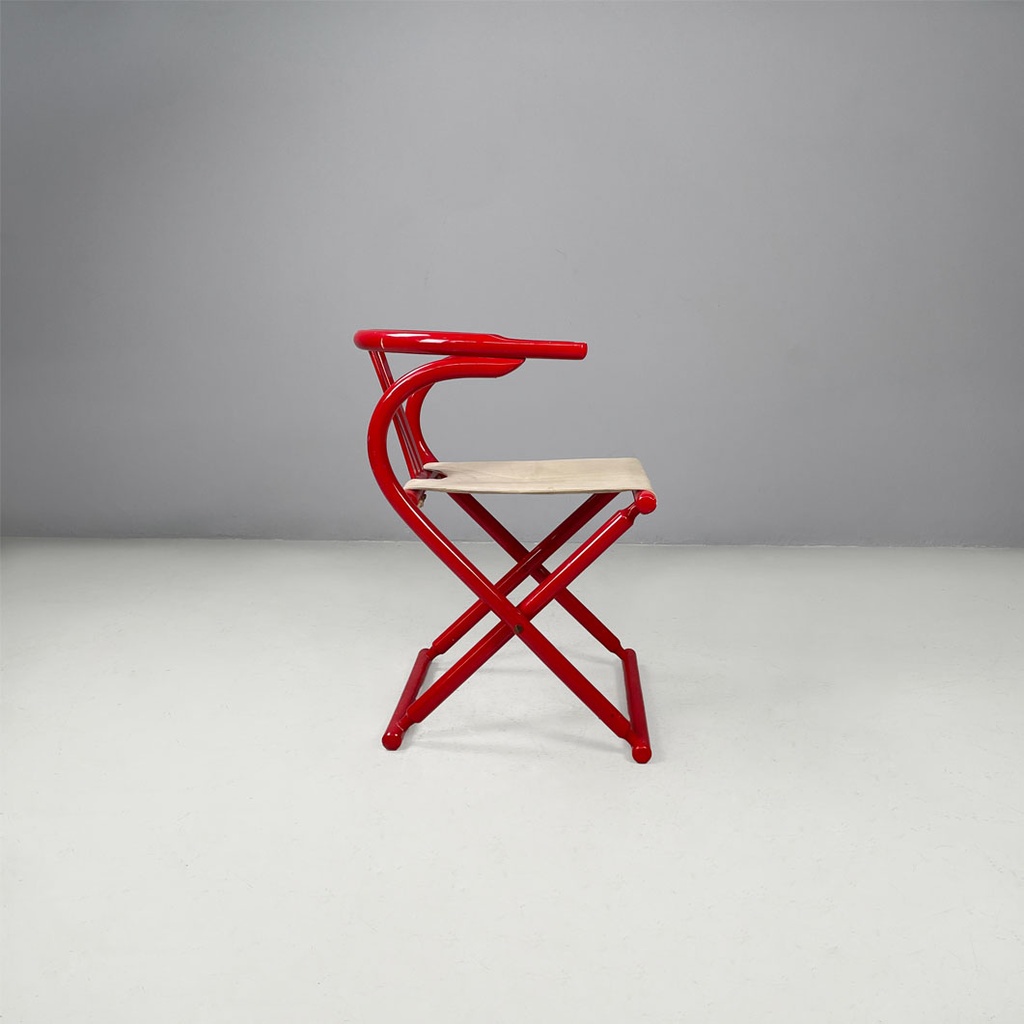 Sedia a pozzetto pieghevole in legno rosso, 1980 ca.