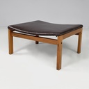 Pouf in pelle marrone e legno, 1960 ca.