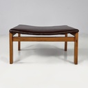 Pouf in pelle marrone e legno, 1960 ca.