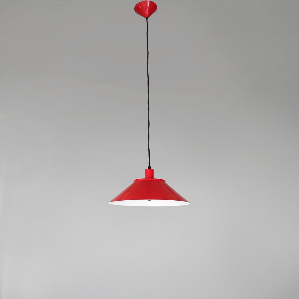 Lampadario in metallo rosso e vetro, 1970 ca.
