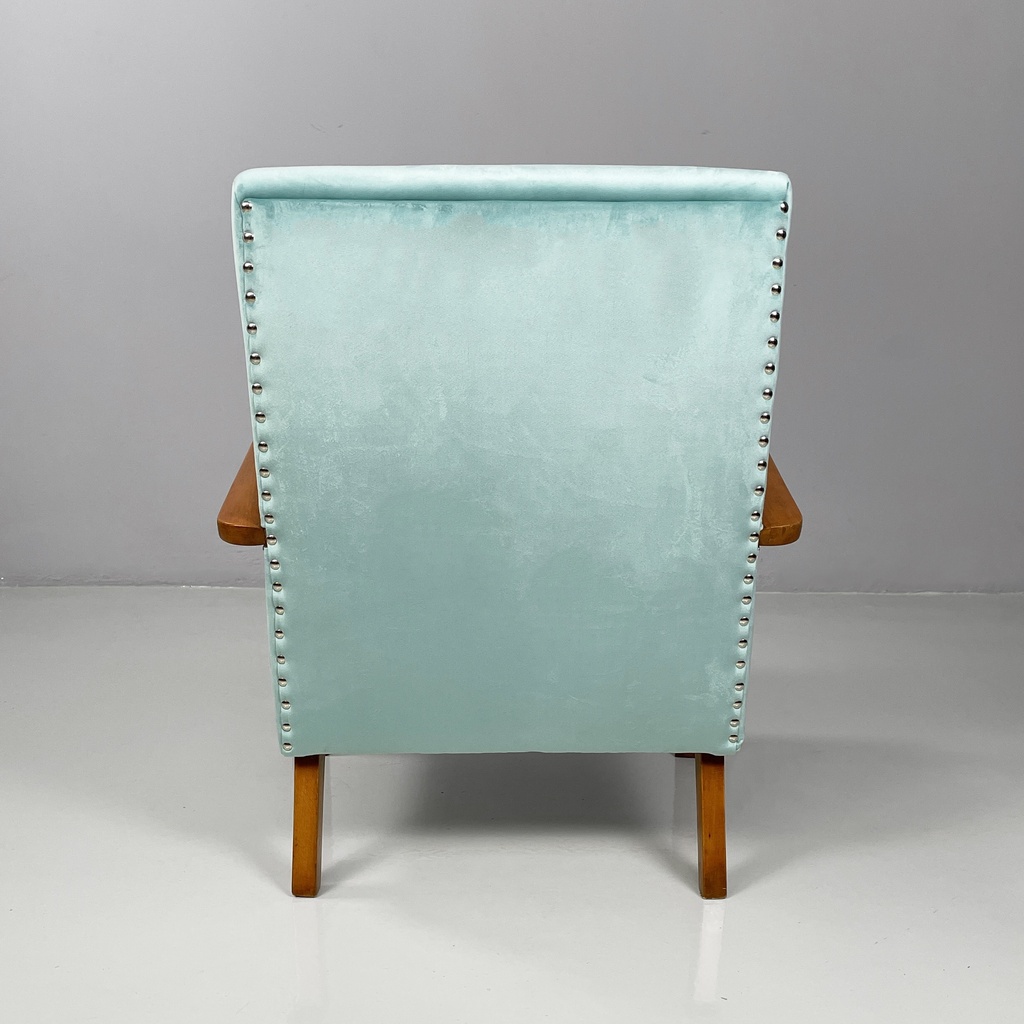 Poltrone in velluto azzurro e legno, 1950 ca.