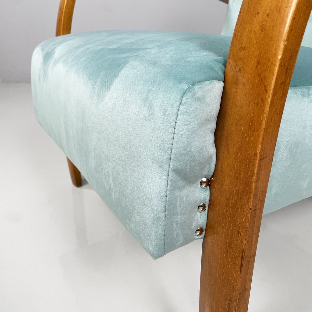 Poltrone in velluto azzurro e legno, 1950 ca.