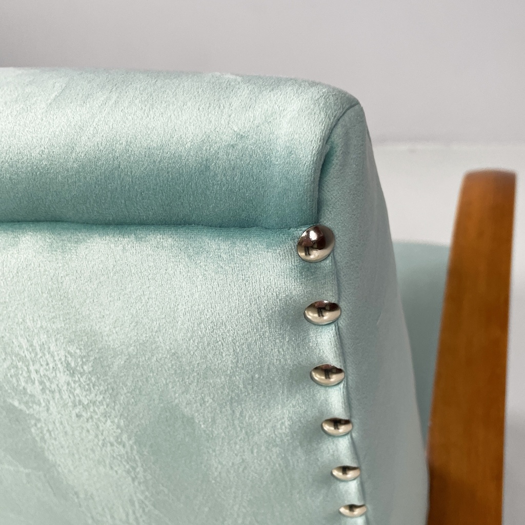 Poltrone in velluto azzurro e legno, 1950 ca.