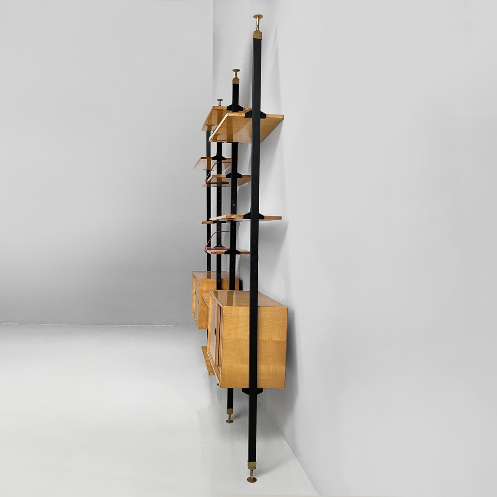 Libreria modulare in legno e metallo nero, 1960 ca.