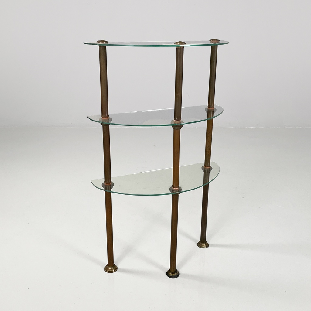 Consolle a tre piani in metallo e vetro, 1920 ca.