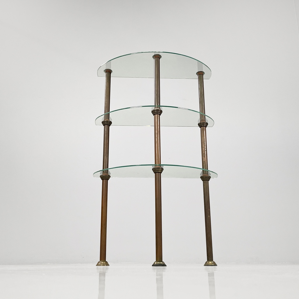 Consolle a tre piani in metallo e vetro, 1920 ca.