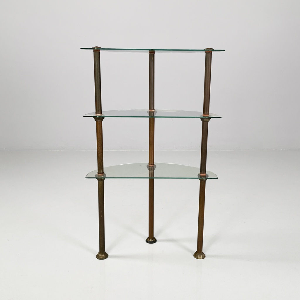 Consolle a tre piani in metallo e vetro, 1920 ca.