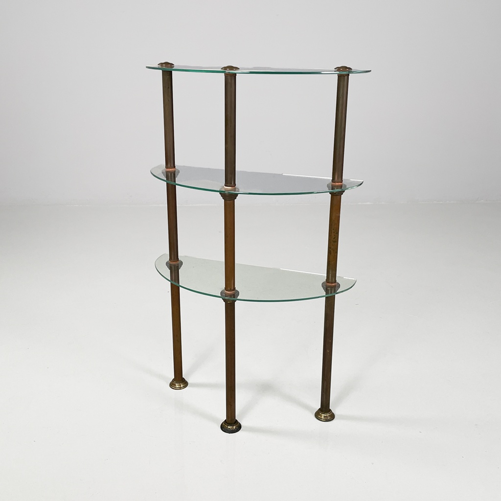 Consolle a tre piani in metallo e vetro, 1920 ca.