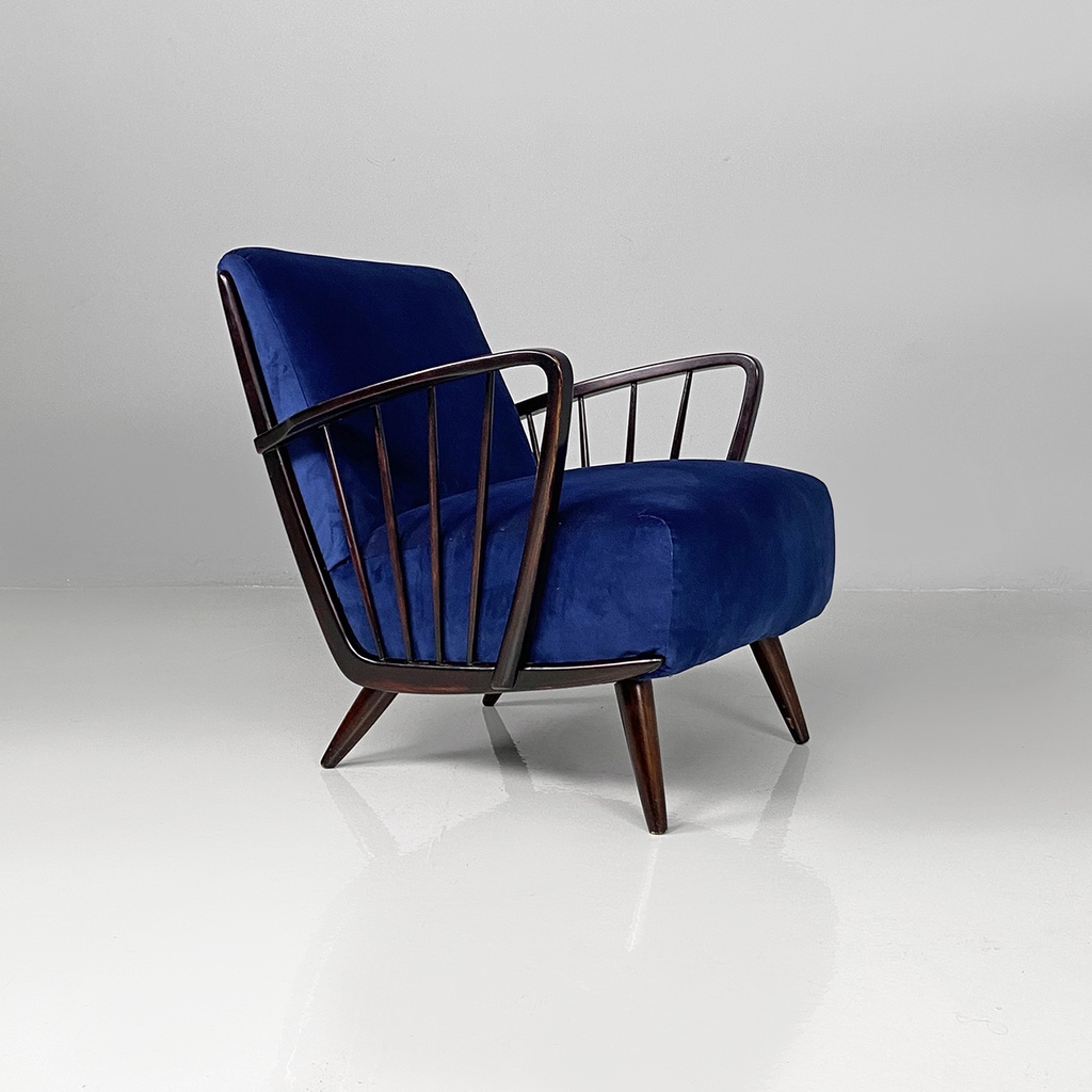 Poltrone in velluto blu e legno, 1960 ca.