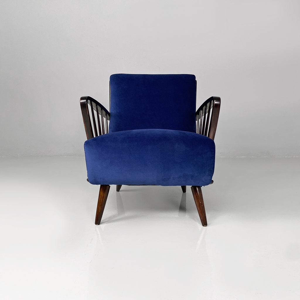 Poltrone in velluto blu e legno, 1960 ca.