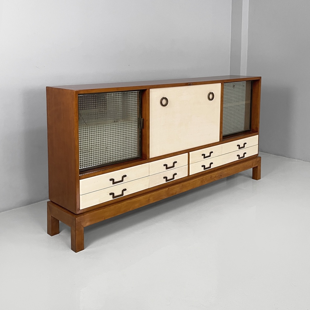 Sideboard in legno, ottone e vetro, 1940 ca.