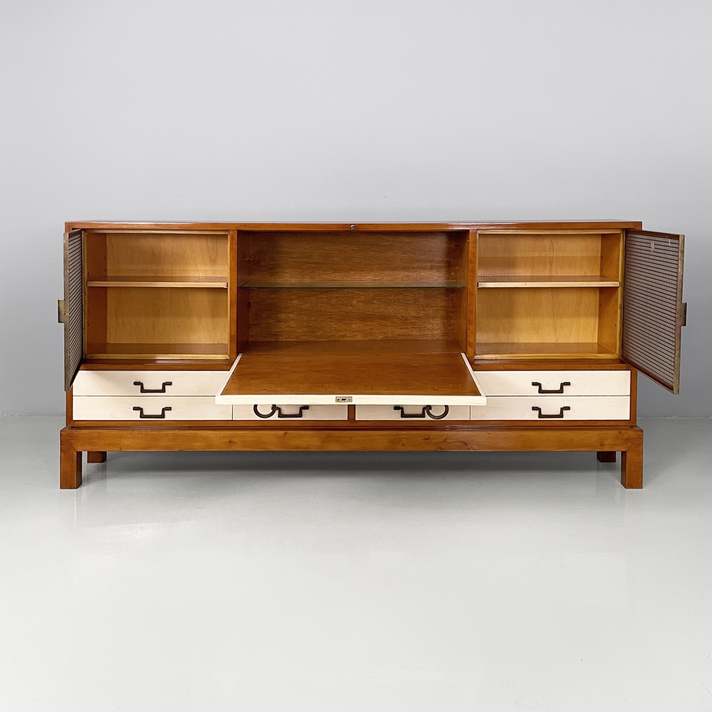 Sideboard in legno, ottone e vetro, 1940 ca.