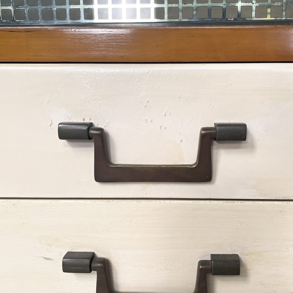 Sideboard in legno, ottone e vetro, 1940 ca.