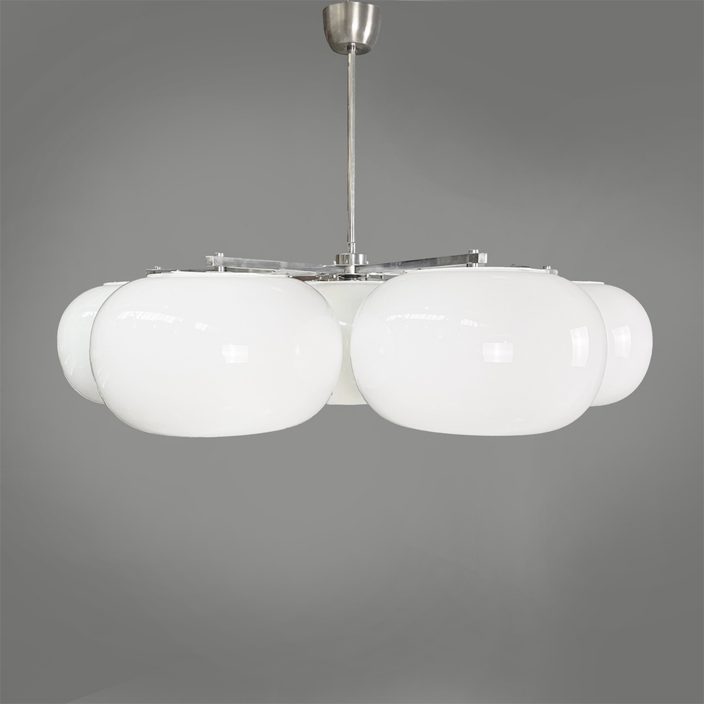 Lampadario in vetro opalino e metallo, 1970 ca.