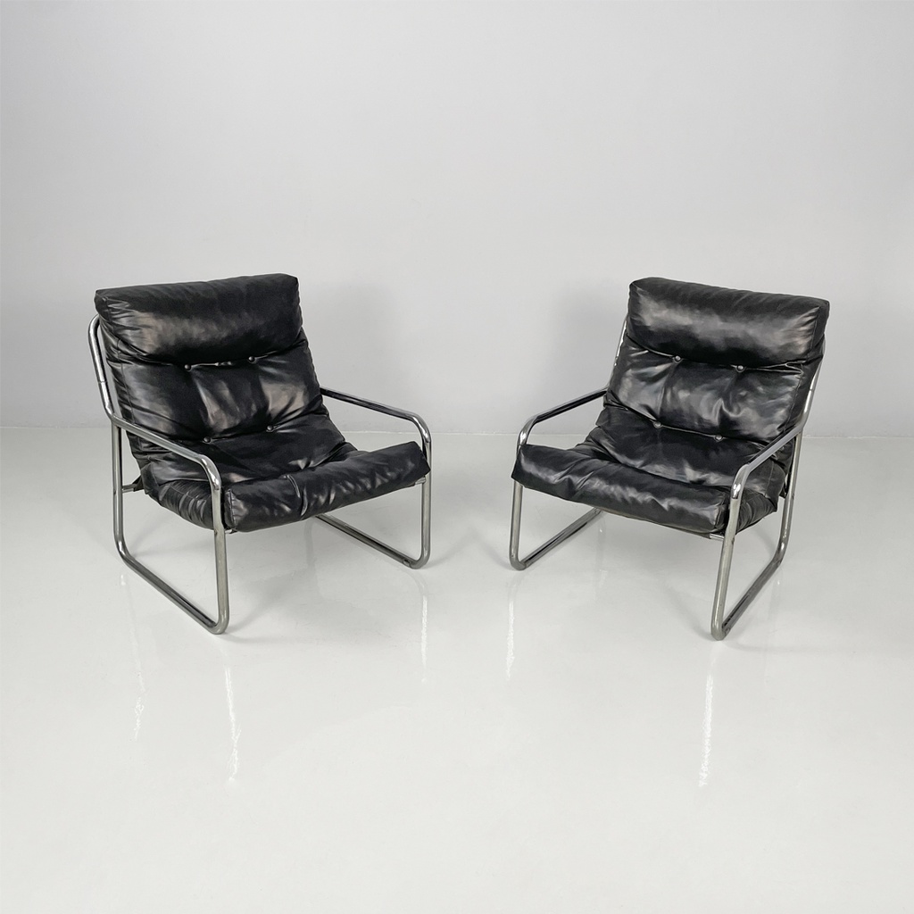 Poltrone in metallo e pelle nera sintetica, 1970 ca.
