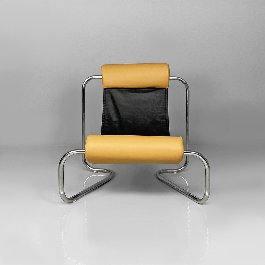 Poltrona in acciaio e pelle, 1970 ca.