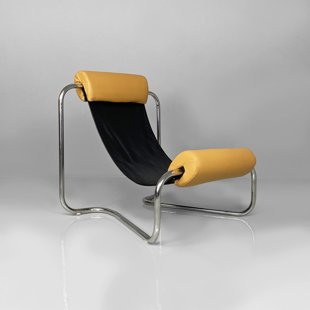 Poltrona in acciaio e pelle, 1970 ca.