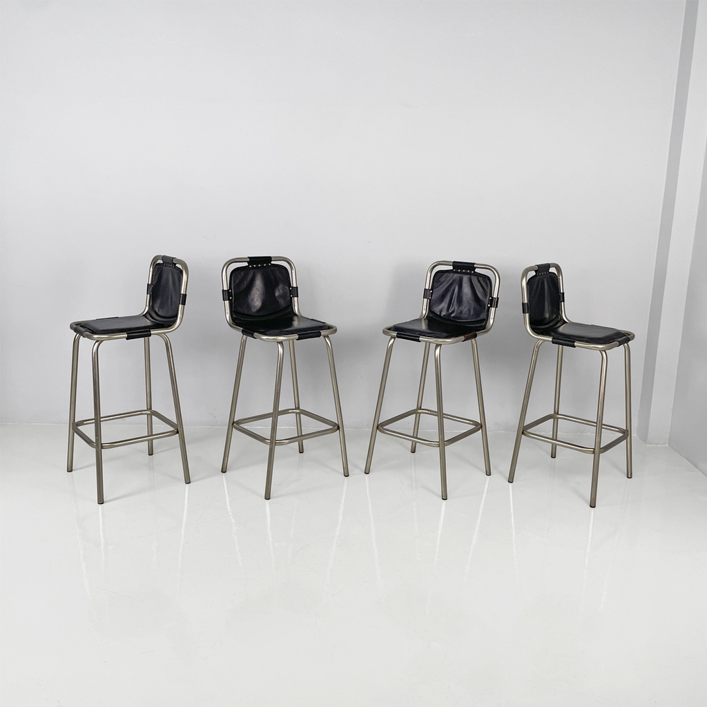 Sgabelli in metallo e pelle nera, 1970 ca.