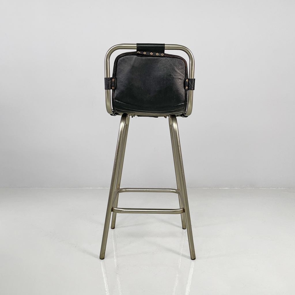 Sgabelli in metallo e pelle nera, 1970 ca.