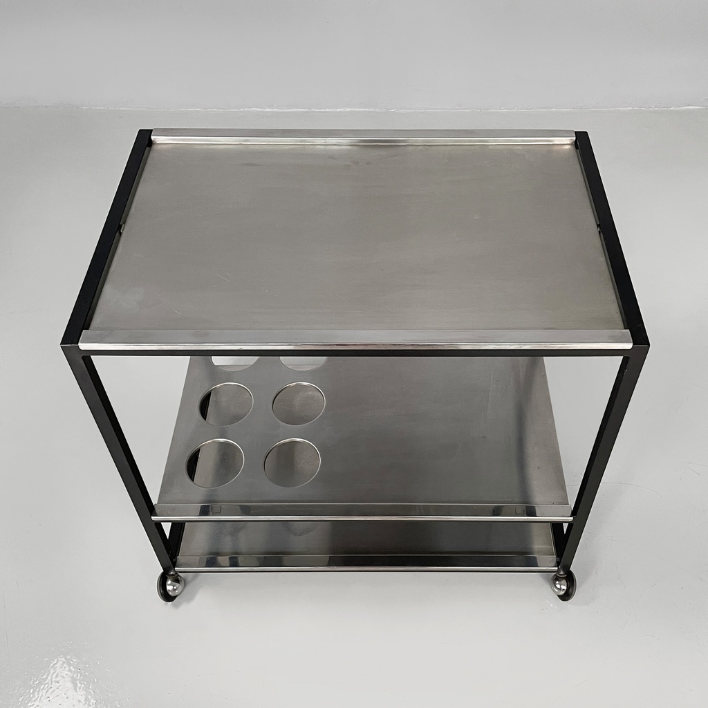 Carrello in acciaio e metallo nero, 1980 ca.