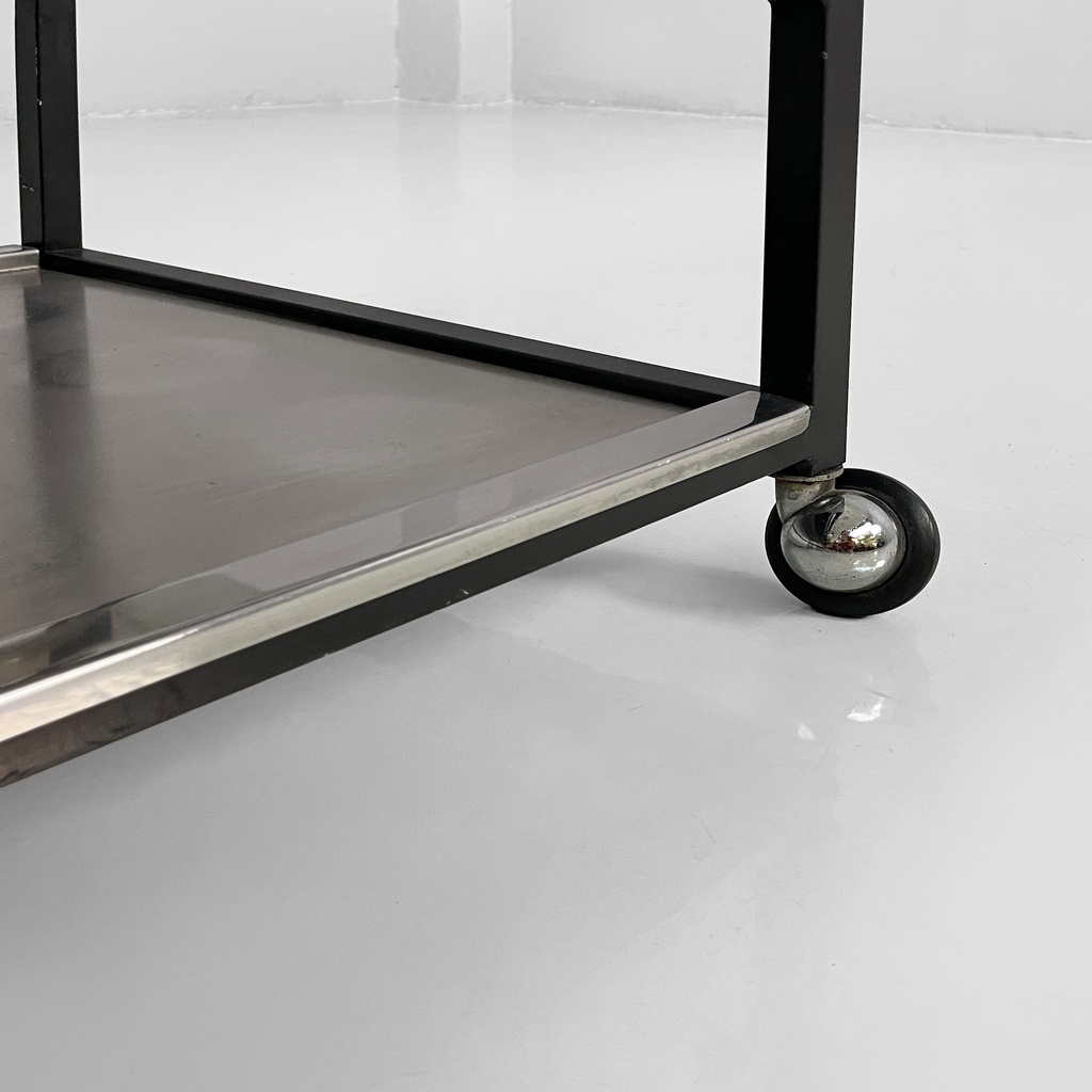 Carrello in acciaio e metallo nero, 1980 ca.