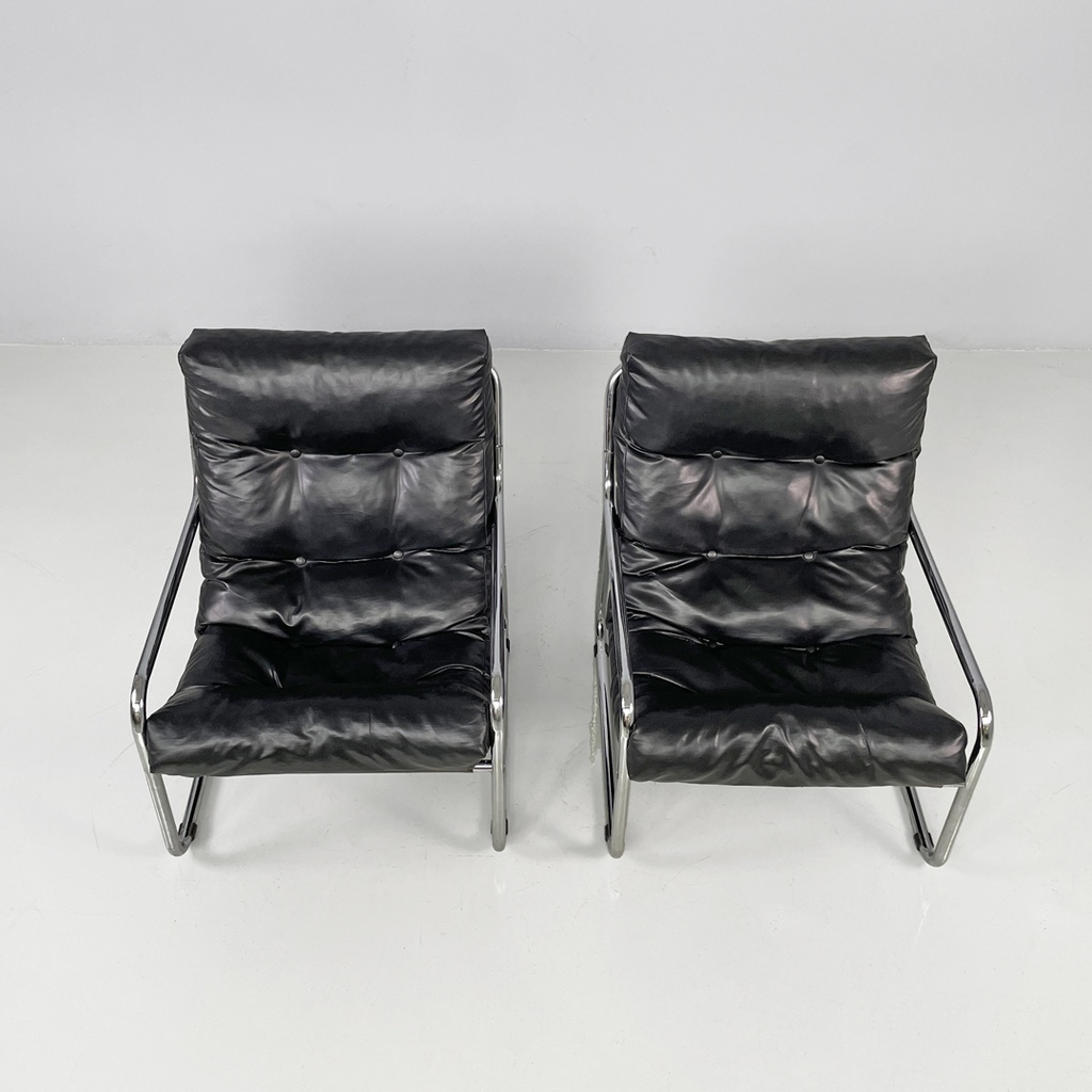 Poltrone in metallo e pelle nera sintetica, 1970 ca.