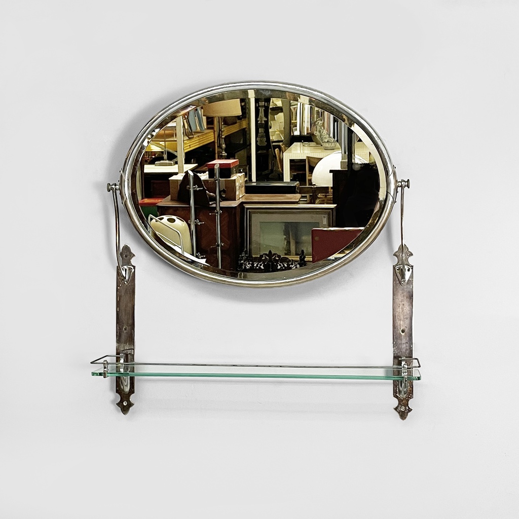 Specchio da parete con mensola in vetro e metallo, 1930 ca.