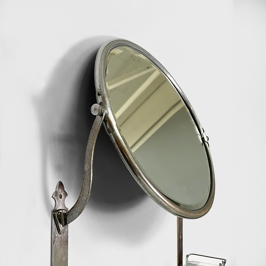 Specchio da parete con mensola in vetro e metallo, 1930 ca.