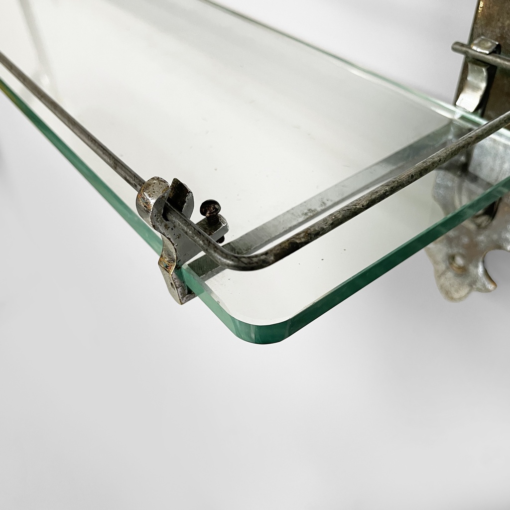 Specchio da parete con mensola in vetro e metallo, 1930 ca.