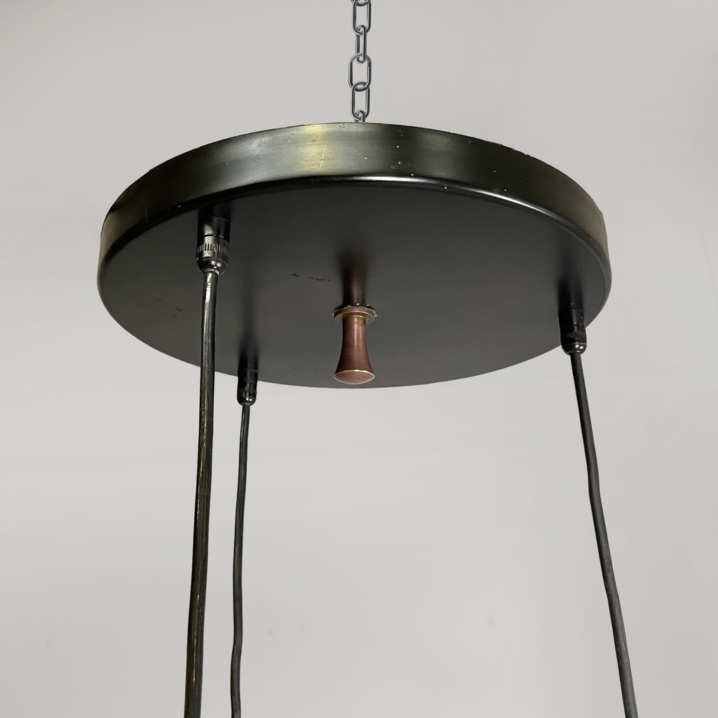 Lampadario a tre luci in vetro e metallo nero, 1950 ca.