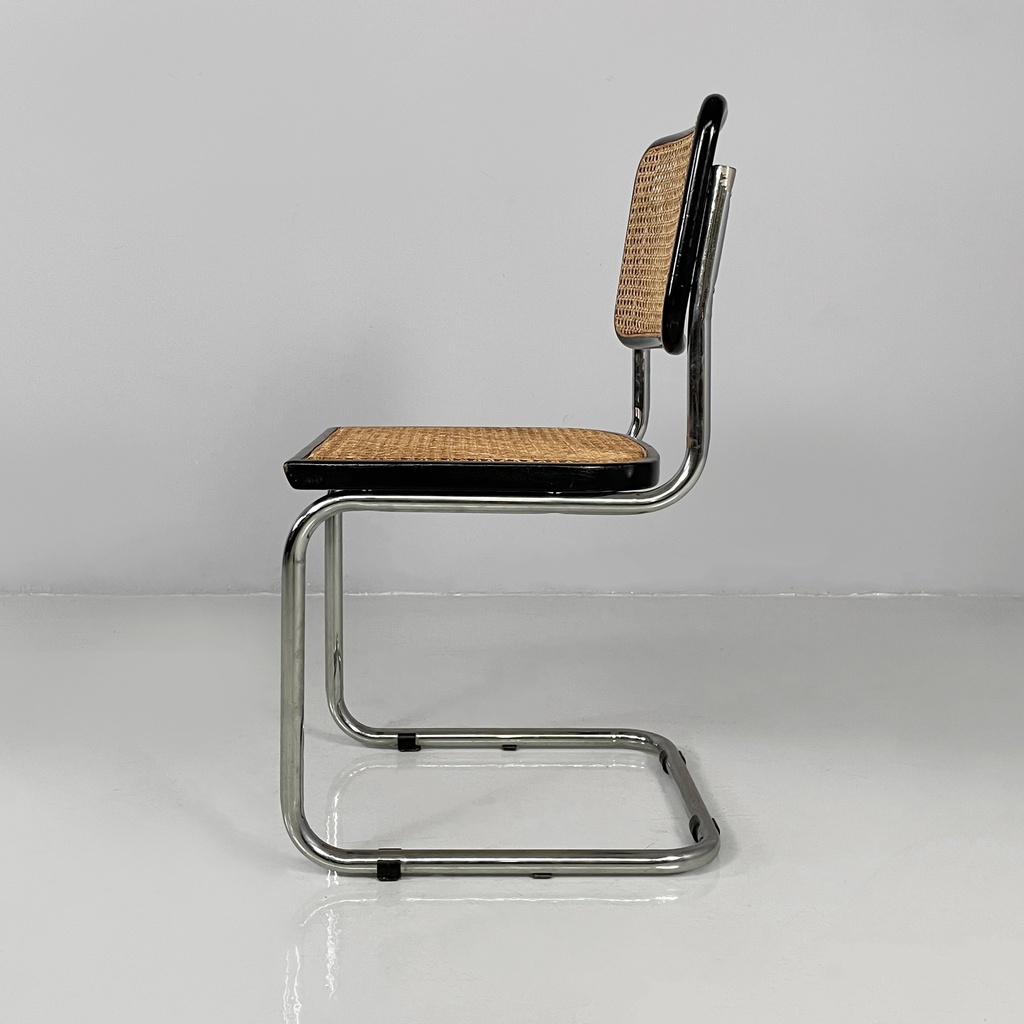 Sedia In legno nero, paglia e acciaio, 1960 ca.