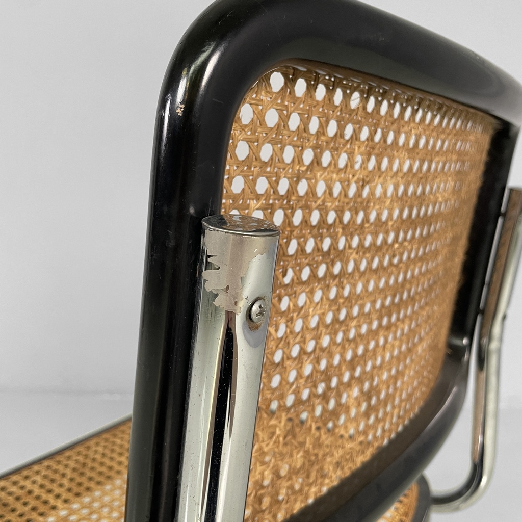 Sedia In legno nero, paglia e acciaio, 1960 ca.