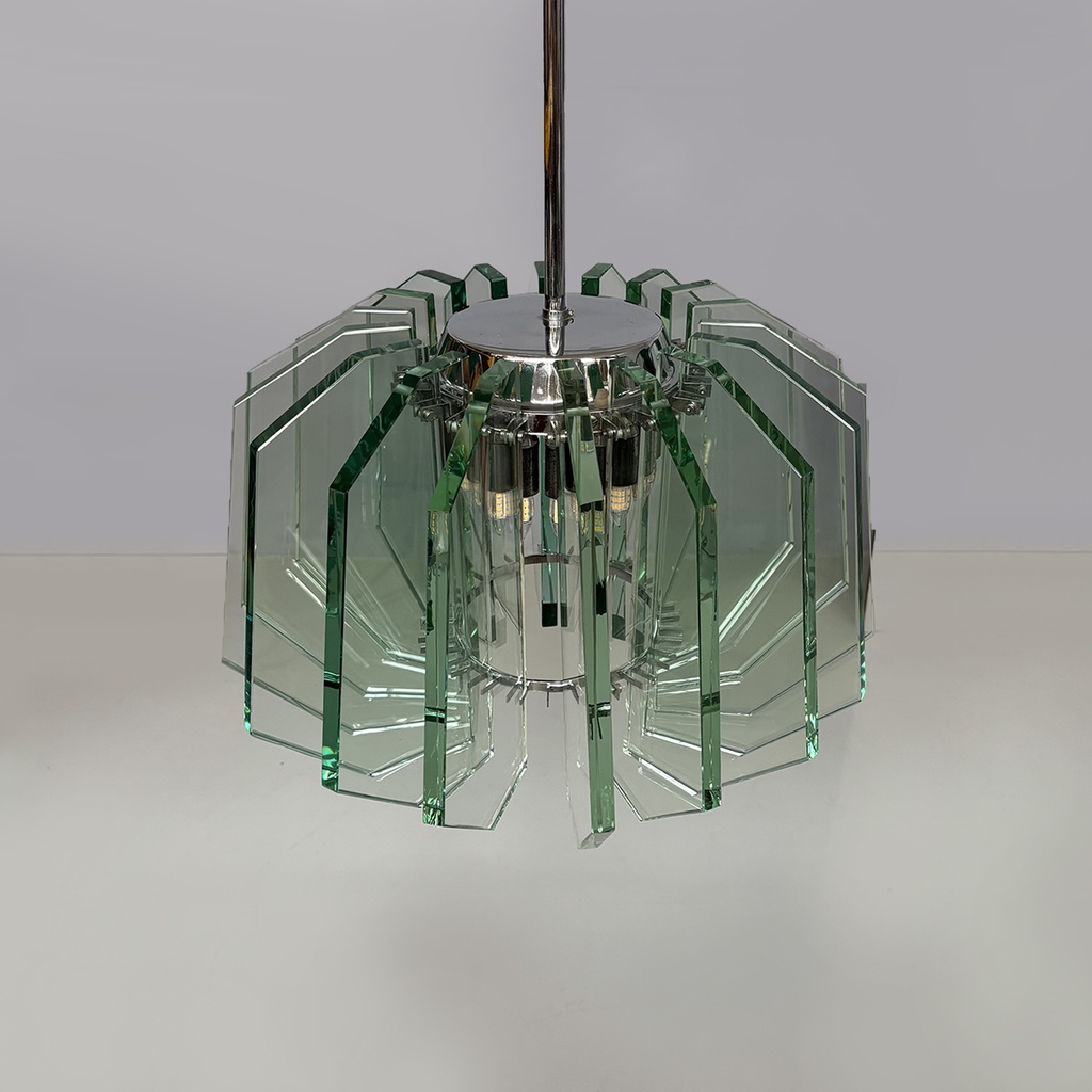 Lampadario in metallo e vetro di Max Ingrand per Fontana Arte, 1960 ca.