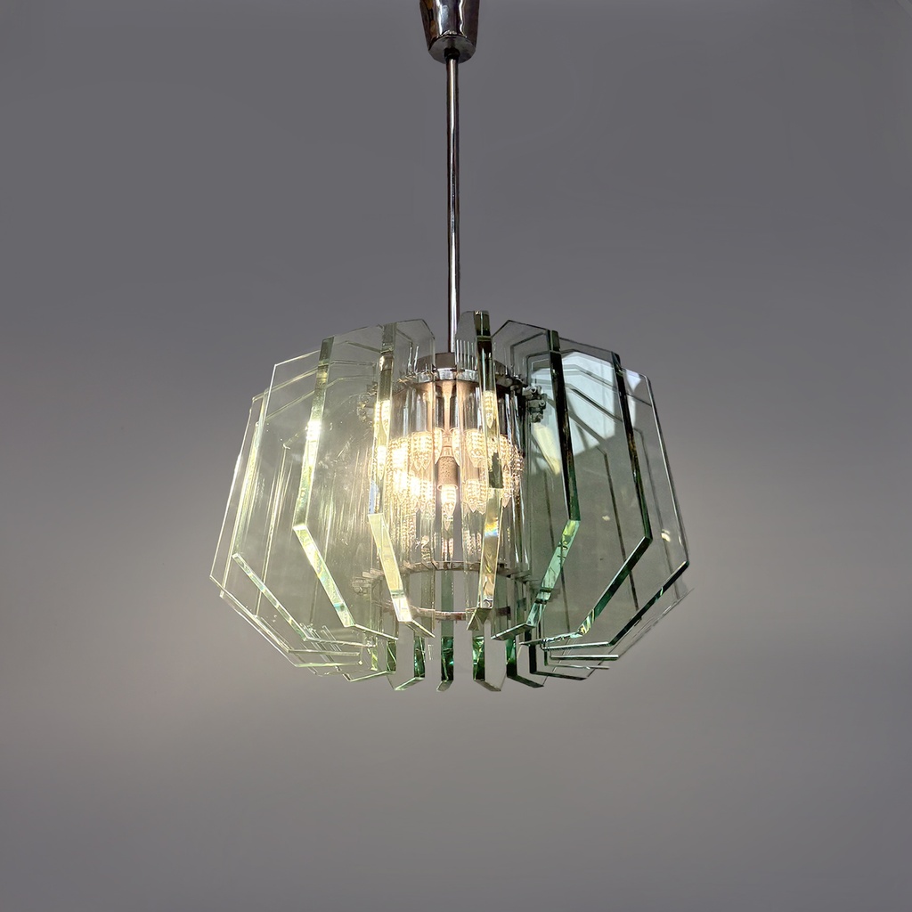 Lampadario in metallo e vetro di Max Ingrand per Fontana Arte, 1960 ca.