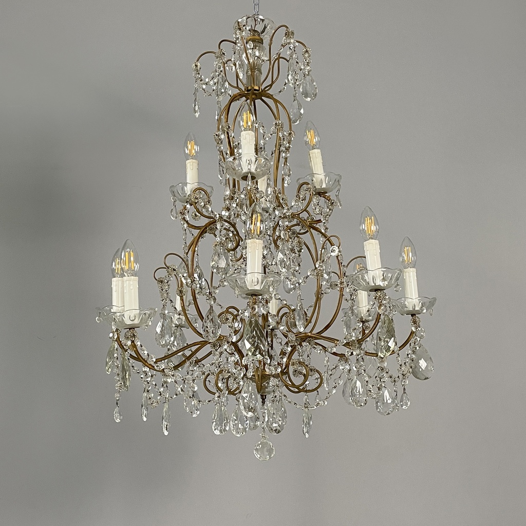 Lampadario a gocce in vetro e ottone, 1900-1950 ca.