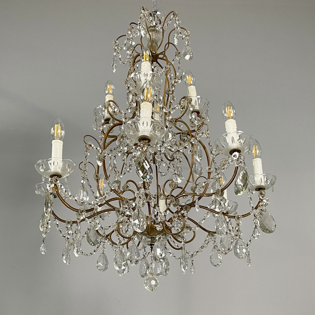 Lampadario a gocce in vetro e ottone, 1900-1950 ca.