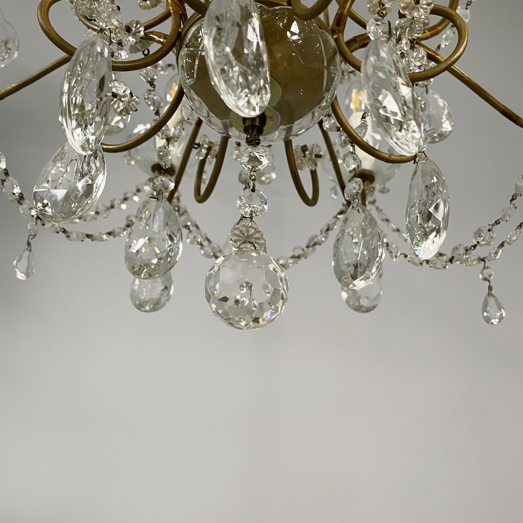 Lampadario a gocce in vetro e ottone, 1900-1950 ca.