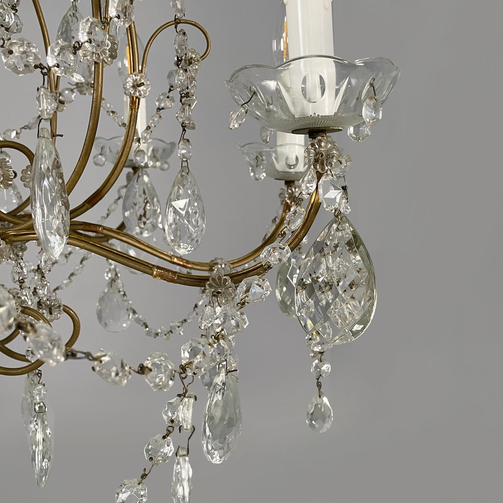 Lampadario a gocce in vetro e ottone, 1900-1950 ca.