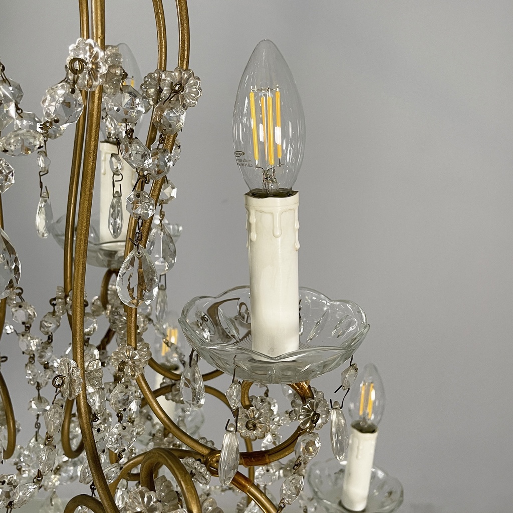 Lampadario a gocce in vetro e ottone, 1900-1950 ca.